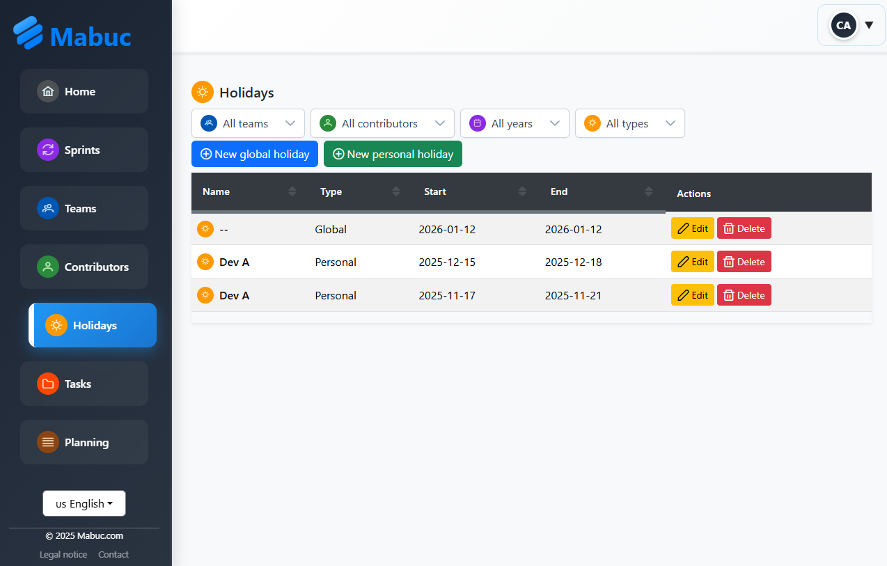 Manage team vacations and availability in Mabuc