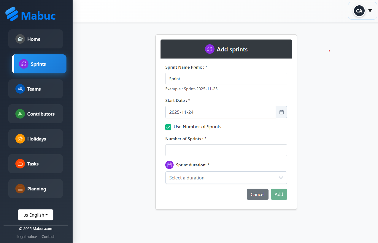 Create and manage sprints with Mabuc