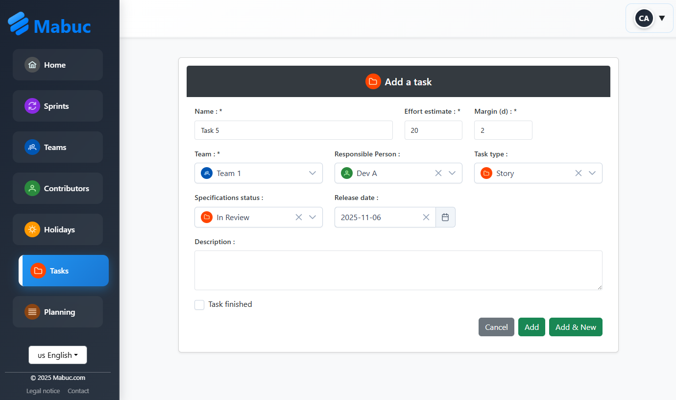Add and track team tasks in Mabuc
